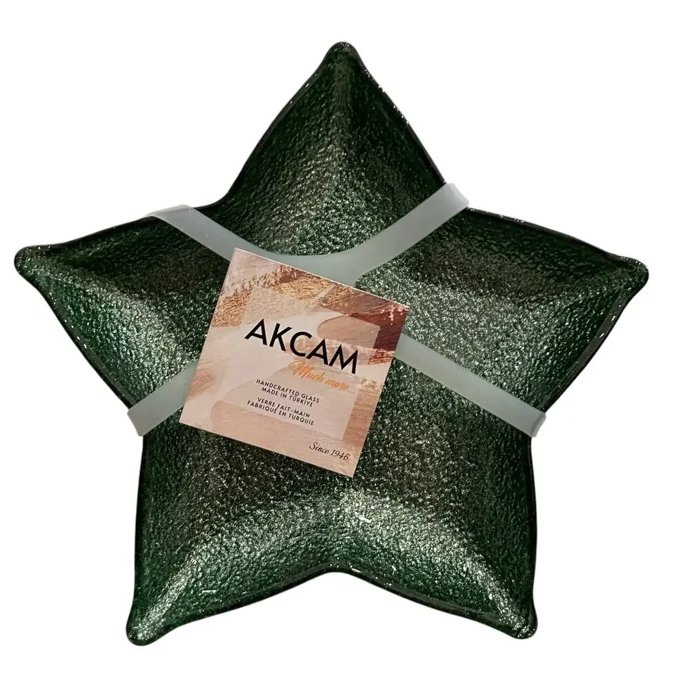 Akcam Green Glitter Star Shaped Glass Christmas Appetizer Plates 7
